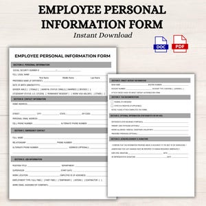 Könnte beinhalten: Ein druckbares Formular für persönliche Mitarbeiterinformationen mit Abschnitten für persönliche Informationen, Kontaktinformationen, Notfallkontakt, Berufsdaten, Informationen zur Direktzahlung, Steuerunterlagen, optionale Informationen und einen Abschnitt für Bestätigung und Unterschrift. Das Formular ist in Schwarzweiß mit grauen Akzenten.