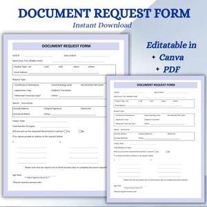 May include: Two document request forms are shown, one larger and one smaller, both with the title "Document Request Form" in blue. The forms are white with blue text and include fields for personal information and request details. The text "Instant Download" is above the forms.
