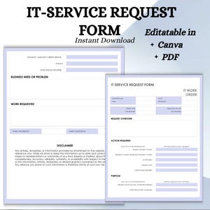 Plantilla de formulario de solicitud de servicio de TI editable / Descarga instantánea / Formulario de soporte de TI imprimible / Plantilla de solicitud de soporte técnico / Soporte de TI empresarial