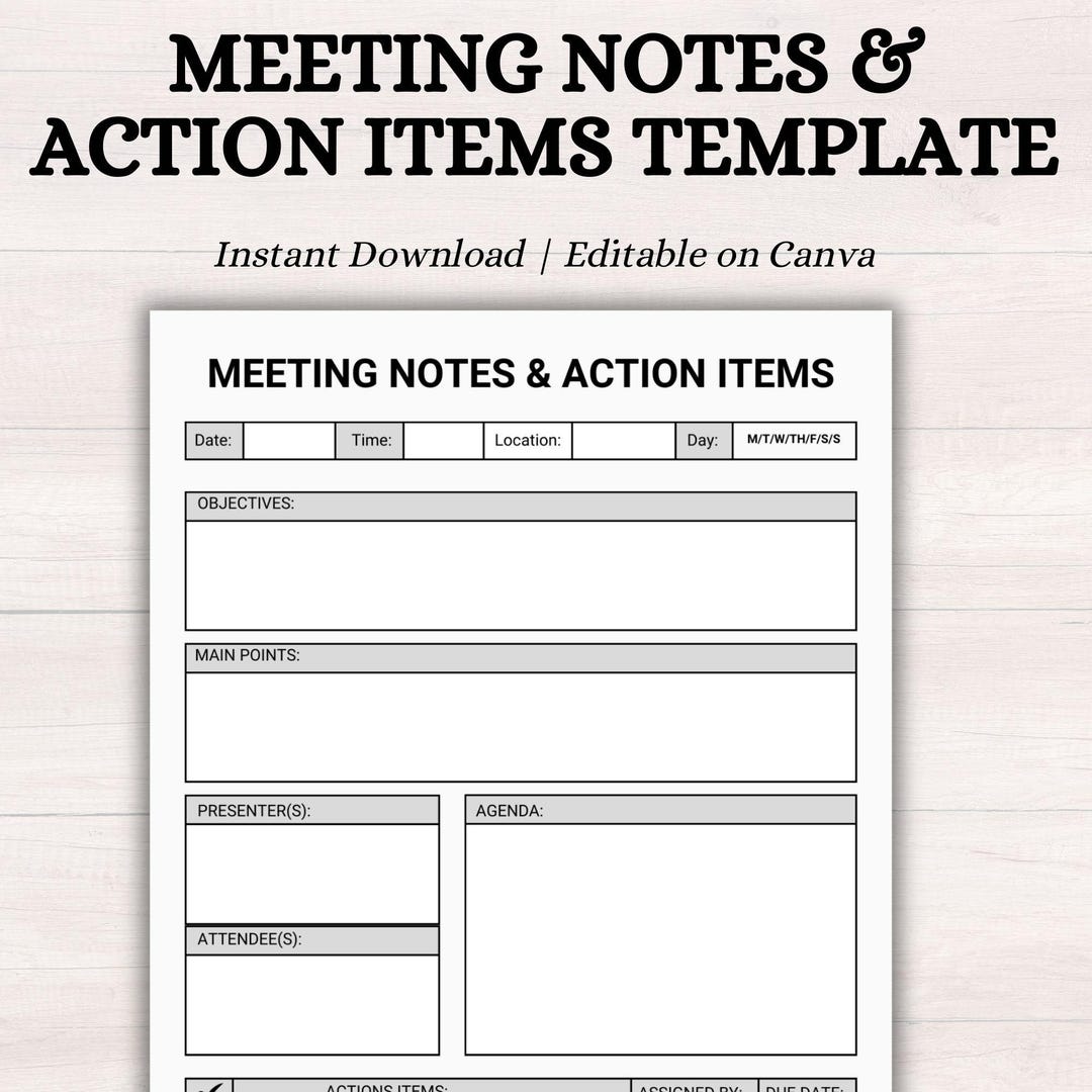 Meeting Notes and Action Items Template | Office Administrative Forms ...