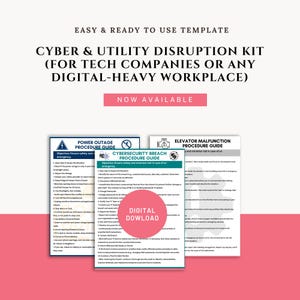 May include: Three printable guides for a tech company or digital workplace. The guides are titled "Power Outage Procedure Guide", "Cybersecurity Breach Procedure Guide", and "Elevator Malfunction Procedure Guide". The guides are in a digital download format.