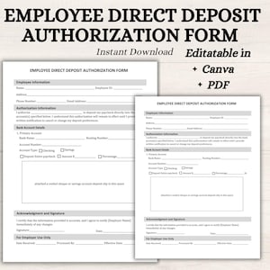 Employee Direct Deposit Form Template: Printable Payroll Authorization (Instant Download, PDF & Editable Files)