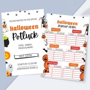 May include: Two Halloween-themed flyers. One is an invitation to a potluck with orange and black text, featuring ghosts, pumpkins, and spiders. The other is a signup form with categories for dishes and names.