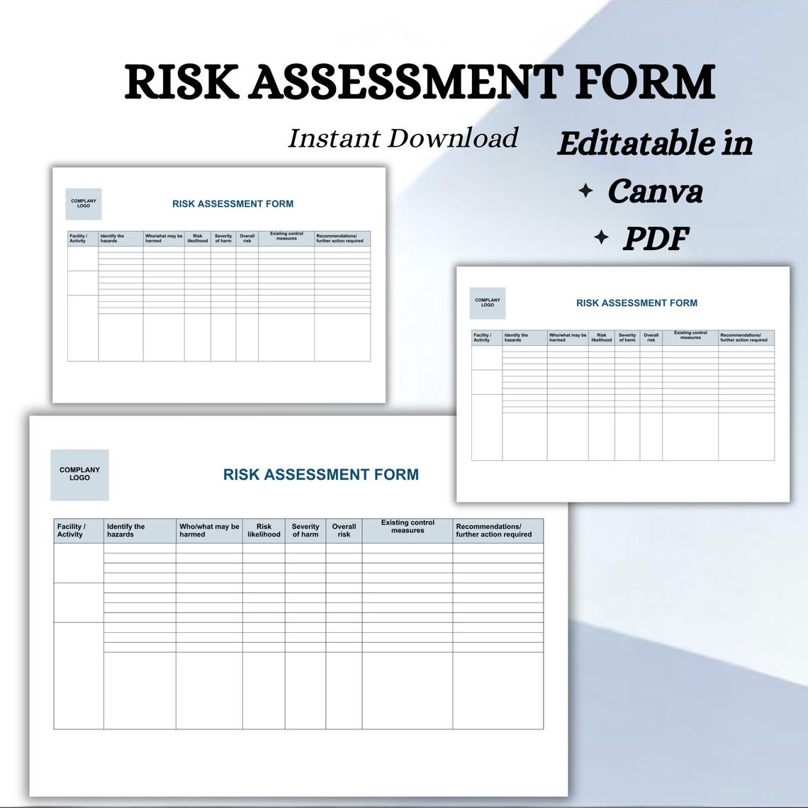 Editable Risk Assessment Form Template | Workplace Safety | Hazard ...