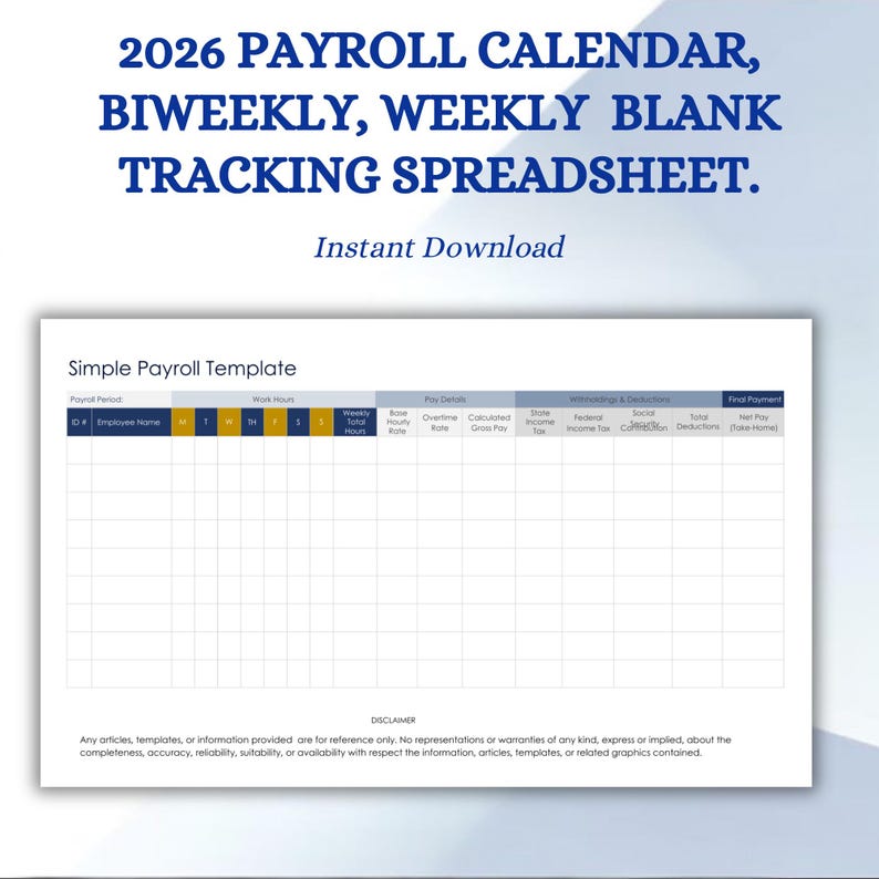 2026 Payroll Calendar | Biweekly & Weekly Payroll Tracker | Blank