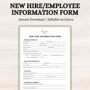 New Hire Information Form | New Hire Checklist | Employee Information Template | HR New Hire Form | HR Editable Form | Employee Application