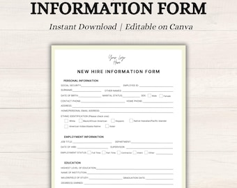 New Hire Information Form | New Hire Checklist | Employee Information Template | HR New Hire Form | HR Editable Form | Employee Application