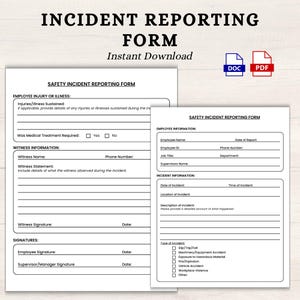 Puede incluir: Un formulario de informe de incidentes de seguridad imprimible en blanco y negro con secciones para información del empleado, información del testigo, información del incidente y firmas. El formulario incluye campos para el nombre del empleado, la fecha del informe, el ID del empleado, el número de teléfono, el puesto de trabajo, el departamento, el nombre del supervisor, el nombre del testigo, la declaración del testigo, la firma del testigo, la fecha, la firma del empleado, la fecha, la firma del supervisor/gerente, la fecha, la hora del incidente, la fecha del incidente, la ubicación del incidente, la descripción del incidente y el tipo de incidente. El formulario también incluye una casilla de verificación para "¿Se requirió tratamiento médico?" con las opciones "Sí" y "No".