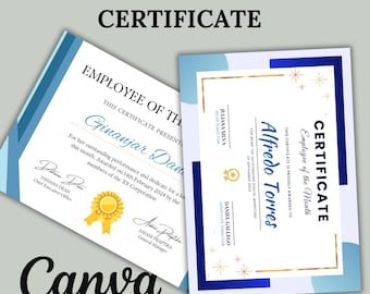 May include: Two employee of the month certificates. The certificates have a blue and white design with gold accents. The text on the certificates includes the words "Employee of the Month Certificate" and "Canva Templates."