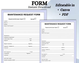 Könnte beinhalten: Zwei weiße Wartungsanforderungsformulare mit schwarzem Text. Die Formulare enthalten Felder für Standort, Art der Arbeit und Unterschriften. Der Text "MAINTENANCE-REQUEST-FORM" steht oben.