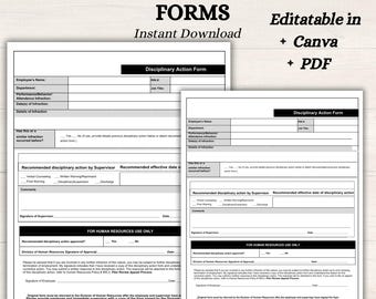 May include: Two white printable disciplinary action forms with black text. The forms include fields for employee information, details of infraction, and recommended actions. Text includes "Instant Download" and "Editable in Canva + PDF."