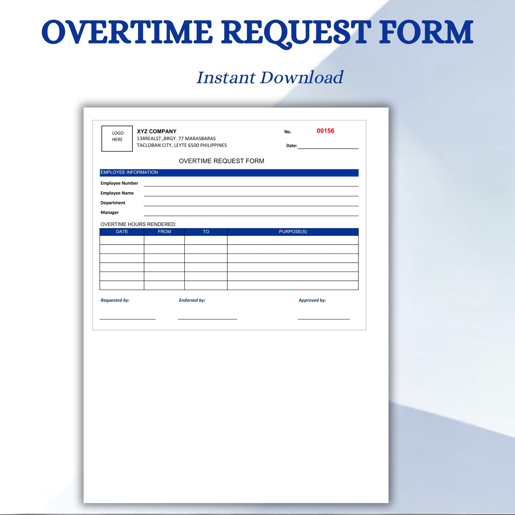 Overtime Request Form - Printable Template for Workplace Management - Etsy