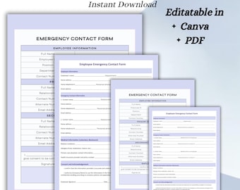 Può includere: Un gruppo di moduli di contatto di emergenza per dipendenti di varie dimensioni. I moduli sono bianchi con intestazioni e campi di testo blu. Il testo include "Informazioni sul dipendente" e "Modulo di contatto di emergenza".