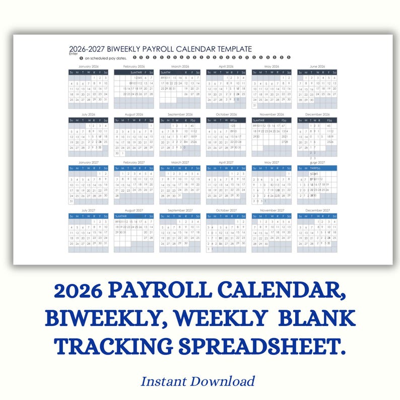 2026 Payroll Calendar | Biweekly & Weekly Payroll Tracker | Blank