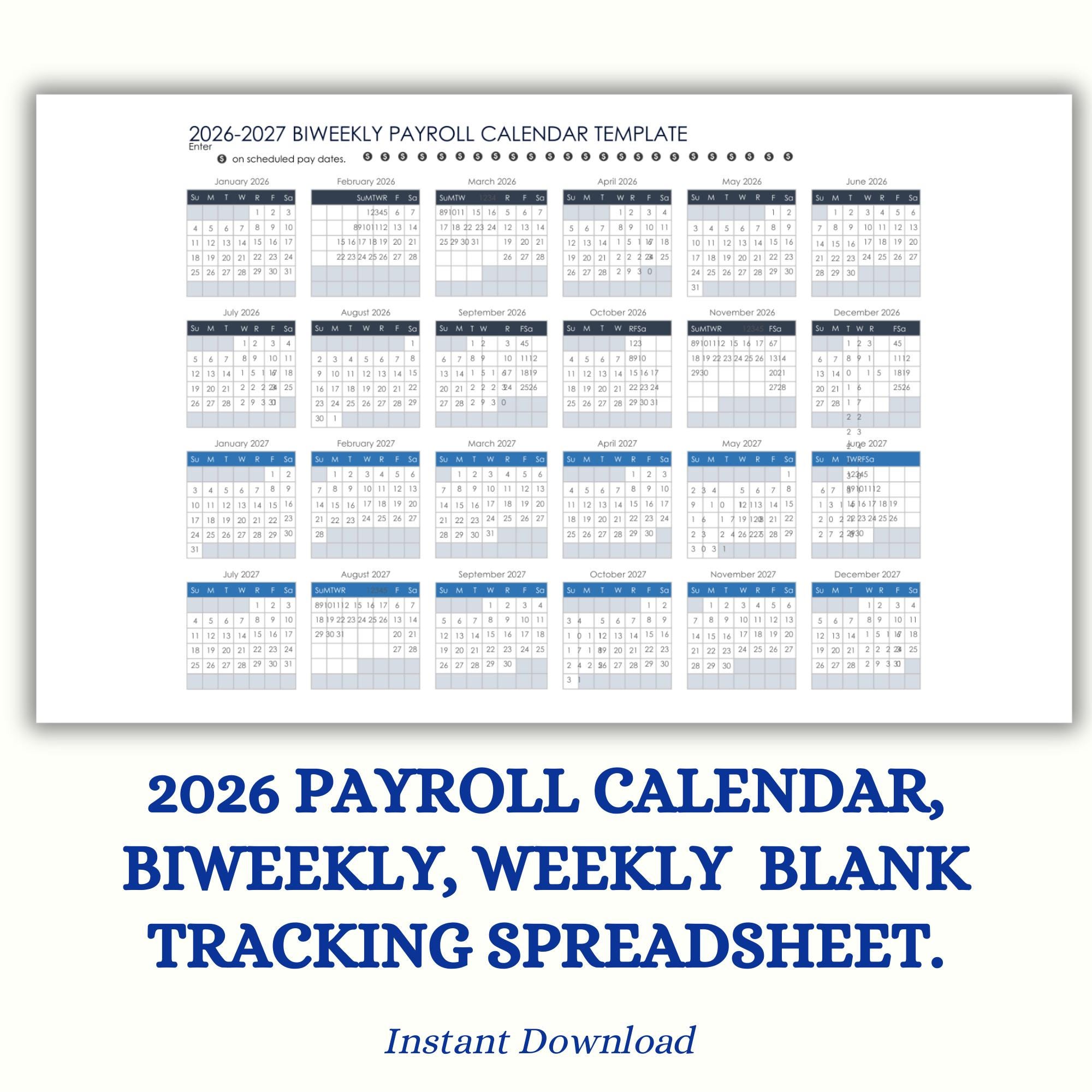 2026 Payroll Calendar | Biweekly & Weekly Payroll Tracker | Blank
