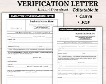 May include: Employment verification letter template, available for instant download. The document includes sections for applicant information, employer verification, and business details. Editable in Canva and PDF formats. Features a clean, professional design.