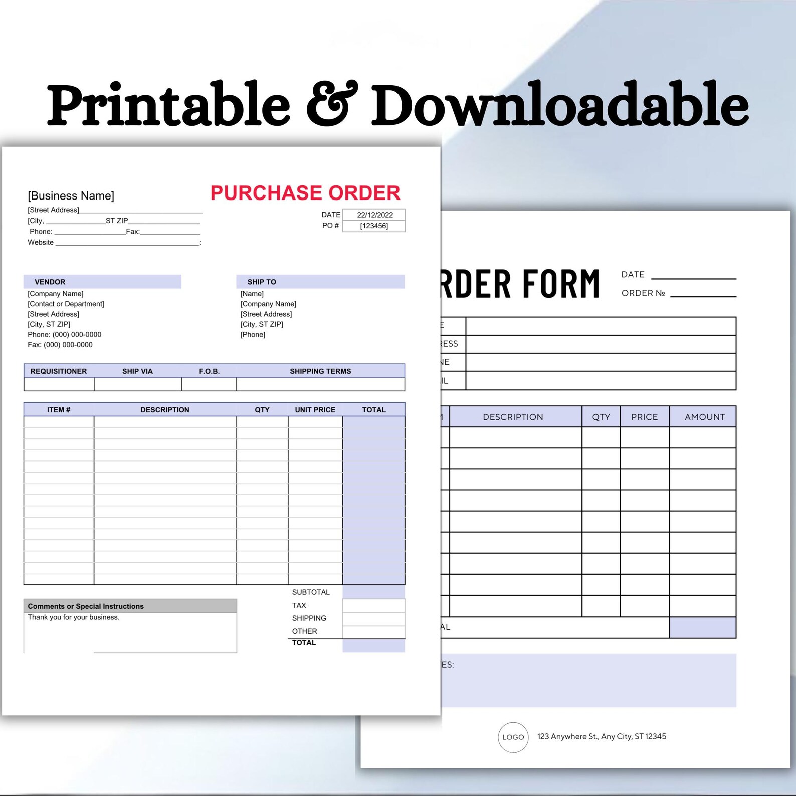 Editable Purchase Order Form Template: Customizable Business Tool (a4 ...