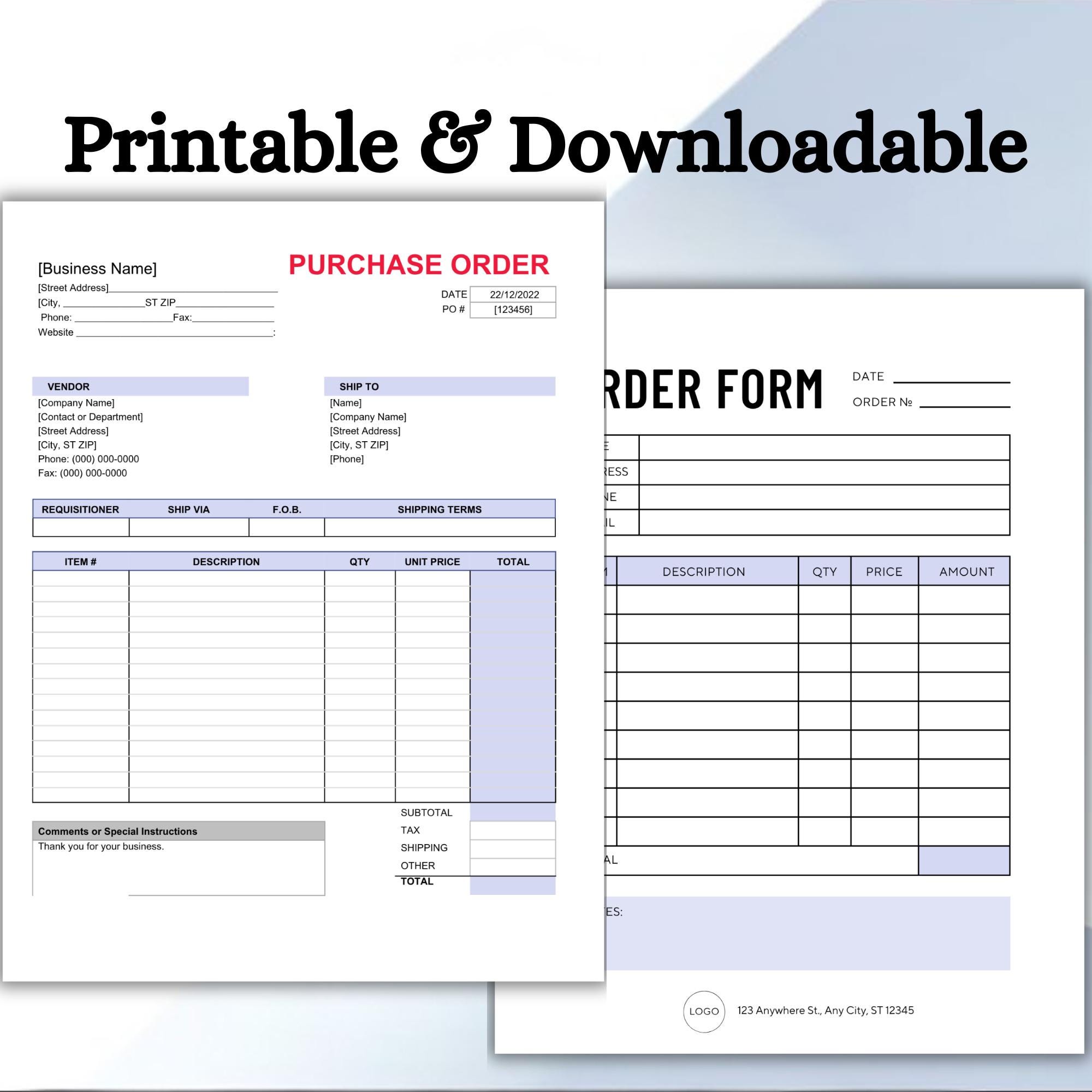 Editable Purchase Order Form Template: Customizable Business Tool (a4 ...
