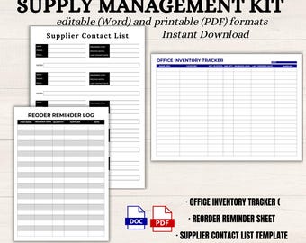 Puede incluir: Un kit de gestión de inventario y suministros de oficina imprimible en formatos PDF y Word. El kit incluye una lista de contactos de proveedores, un registro de recordatorios de reorden y un rastreador de inventario de oficina. El kit está disponible para descarga instantánea.