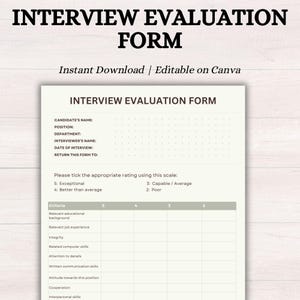 Puede incluir: Un formulario de evaluación de entrevista imprimible con una escala de calificación de 2 a 5. El formulario incluye criterios como antecedentes educativos relevantes, experiencia laboral, integridad, habilidades informáticas, atención al detalle, habilidades de comunicación, actitud, cooperación y habilidades interpersonales.