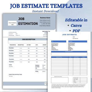 Peut inclure: Téléchargement numérique de modèles de devis de travail. Les modèles sont aux formats PDF et Canva, avec un design bleu et blanc. Comprend des champs pour la description du travail, l'article/service et les coordonnées.