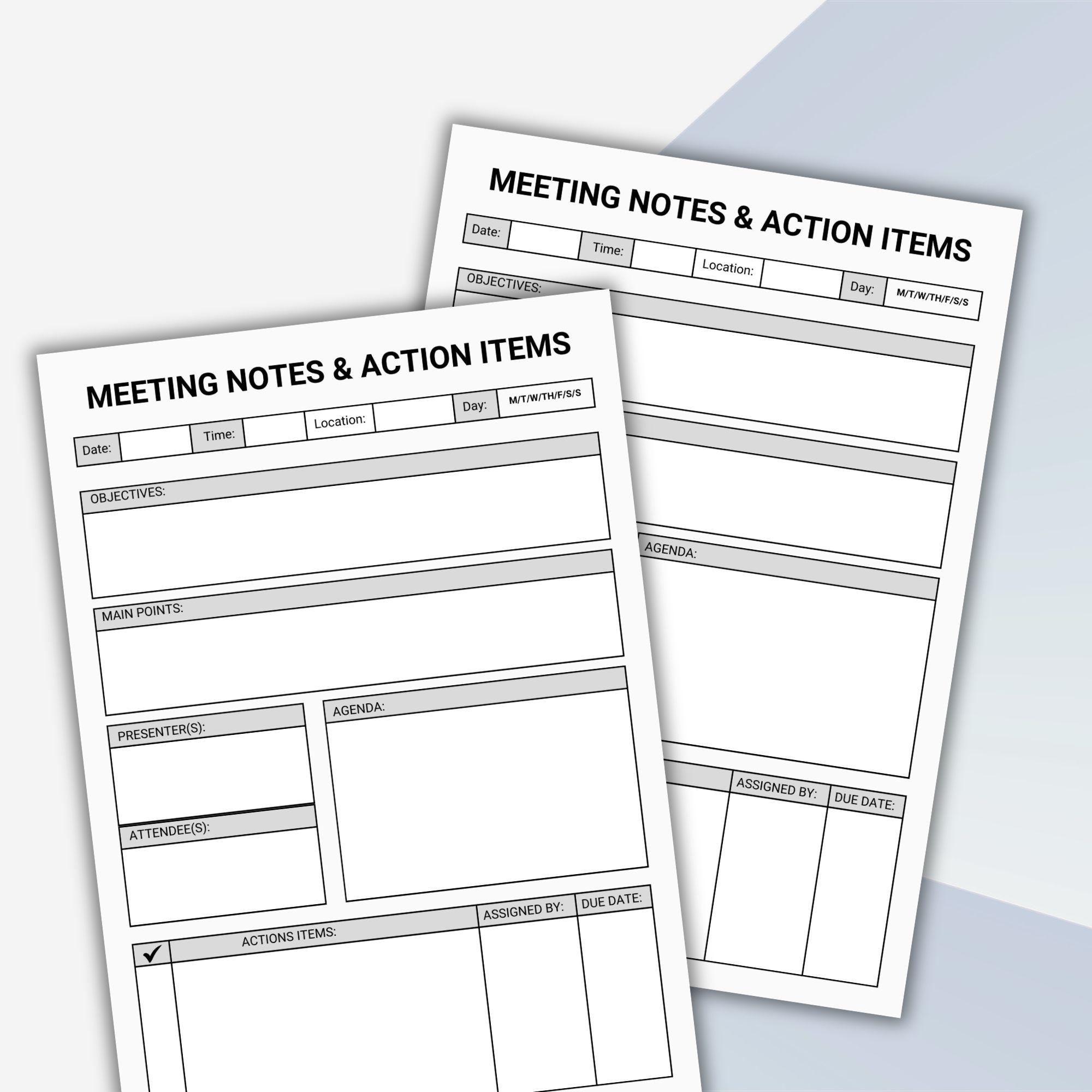 Meeting Notes and Action Items Template | Office Administrative Forms ...