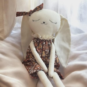 Handmade Fabric Bunny Doll – Soft Plush Toy – Adorable Floral Outfit Gift for Kids