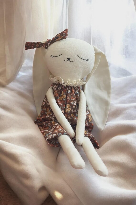 Handmade Fabric Bunny Doll – Soft Plush Toy – Adorable Floral Outfit Gift for Kids