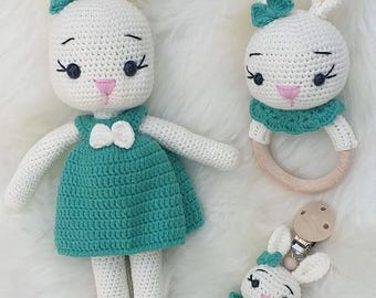 Handmade Crochet Bunny Baby Gift Set – Plush Toy, Rattle & Pacifier Clip