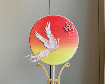Hand-Embroidered Silk Fan: Crane & Sunset Design - Oriental Decor