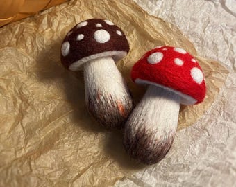 Felt Mushroom Pendant — Two-Tone Forest Elf Needle-Felted Doll, Red/Brown Cap with White Stem