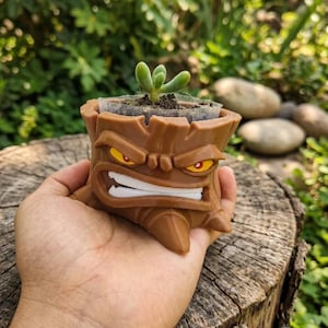 May include: A brown, 3D-printed planter shaped like a tree stump with a grumpy facial expression, featuring yellow eyes and white teeth. The planter contains a small green succulent plant rooted in dark soil within a clear plastic liner.