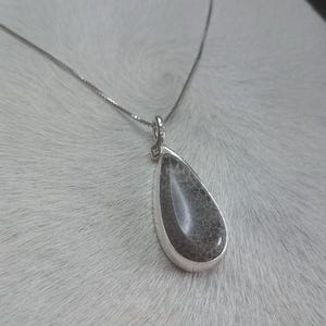 May include: A silver necklace featuring a teardrop-shaped pendant. The pendant has a gray, textured stone set in a silver bezel. The necklace chain is a delicate silver link.