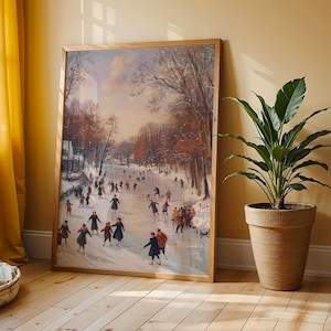 Frozen River with Ice Skaters - Vintage Winter Landscape, Snowy Holiday Scene, Christmas Printable Wall Art, Rustic Country Decor 35