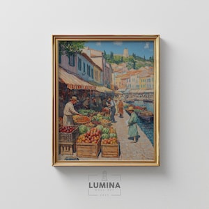 Mediterranean Street Market in Summer - Colorful Vintage Painting, Coastal Fishermen’s Market, Warm Tones, Rustic Printable Wall Art 242
