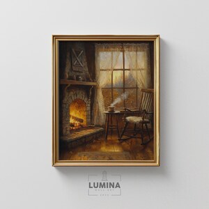 Fireplace Glow in Autumn Evening - Cozy Fall Cottage Wall Art, Rustic Warm Tones, Digital Printable Home Decor, Vintage Painting 162