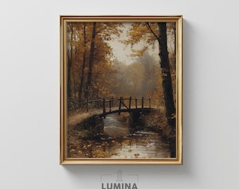 Wooden Bridge Over a Fall Stream - Rustic Autumn Nature Scene, Warm Earthy Wall Art, Golden Forest Decor, Cottagecore Digital Painting 191