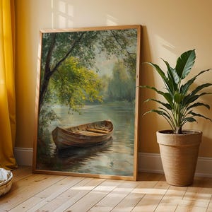 Boating on a Spring Afternoon - Vintage Cottagecore Printable Wall Art, Tranquil Lake Rowboat Painting, Earthy Nature Decor 77
