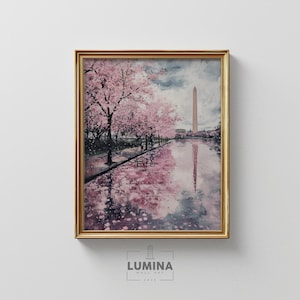 May include: A framed watercolor painting of a pink cherry blossom tree with a reflection in the water. The Washington Monument is visible in the background.