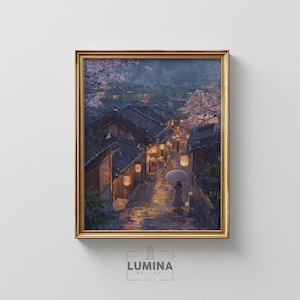Rainy Night in Seoul’s Bukchon Hanok Village - Traditional Korean Architecture, Moody Spring Evening, Digital Printable Wall Art 266