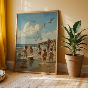 Bambini che giocano in spiaggia - Dipinto vintage estivo in riva al mare, arte cottagecore costiera, stampa digitale da parete calda e nostalgica 47