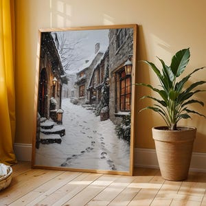 Snowy Alleyway in an Old European Town - Vintage Winter Street Scene, Cozy Cottage Village, Rustic Christmas Wall Art, Printable Art 133