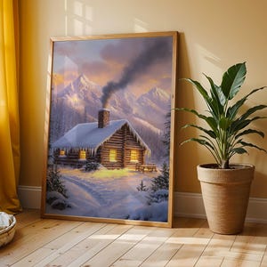 Cozy Winter Cabin in the Mountains - Rustic Snowy Landscape, Christmas Printable Wall Art, Cottagecore Lodge Decor, Digital Painting 32