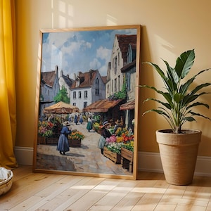 Bustling Market Square in Spring - European Village Scene, Colorful Floral Shops, Vintage Travel Art, Charming Street Wall Printable 106