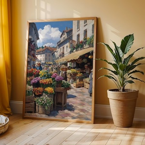 European Spring Market Scene - Vintage Village Painting, Cobblestone Street Shops, Floral Art Print, Cottagecore Country Town Wall Decor 107