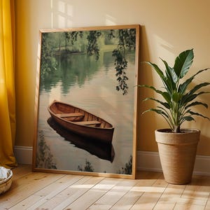 Wooden Rowboat on a Quiet Lake - Serene Spring Printable Wall Art, Cottagecore Nature Painting, Rustic Country Decor, Digital Print 78