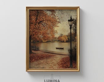 Autumn Park Path with Lamplight - Moody Fall Landscape Print, Rustic Warm Tones, Serene Evening Scene, Cottagecore Wall Art 347