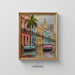 Rain-Soaked Havana in Spring - Vintage Cuban Cars, Pastel Architecture, Tropical Cityscape, Retro Digital Print, Wall Art Download 258