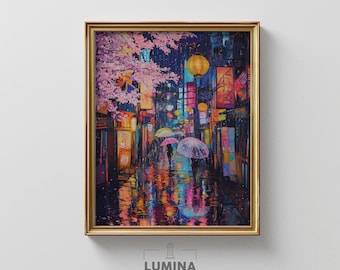 Callejón de Tokio bajo la lluvia: noche primaveral iluminada con luces de neón, paisaje urbano japonés, resplandor urbano melancólico, arte digital imprimible, estética ciberpunk 286