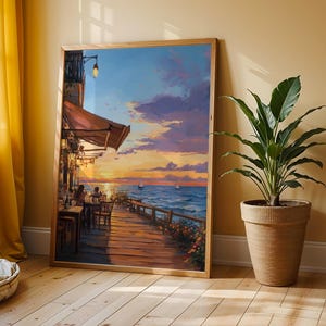 Seaside Café at Golden Hour - Coastal Sunset Printable Wall Art, Warm Earthy Ocean Painting, Romantic Beach Decor, Digital Print 76